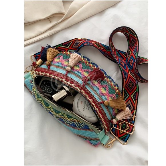 Boho Embroidered Fanny Pack Style Crossbody Bag with Tassels - Picture 3 of 16